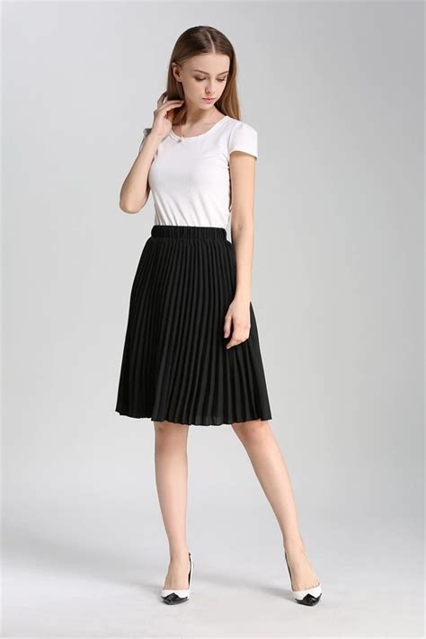 knee length black pleated skirt|black chiffon skirt knee length.